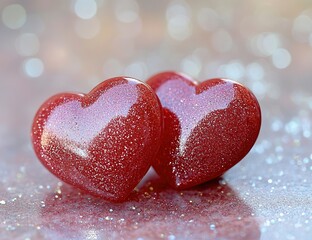 Obraz premium Sparkling Red Hearts: A Symbol of Love and Affection, Glimmering on Glitter, Romantic Decoration