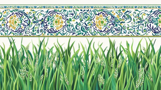 Novruz Bayram Holiday design background. Nowruz Azerbaijani greeting card. Muslim national celebration. Iranian new year with green grass semeni.