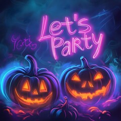 Eerie Glowing Pumpkins and Neon Spooky Elements in Foggy Halloween Party Background with Typography