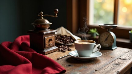 Fototapeta premium Aromatic Coffee Steam Rising from a Cup, Beans, Grinder, and Rustic Wooden Table