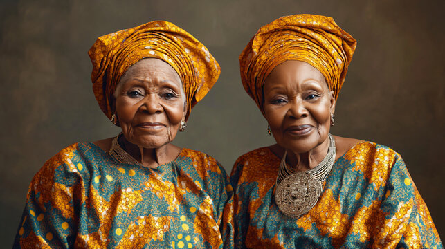 Nigerian elderly twin women traditional agbada gele cultural attire regal intricate embroidery rich heritage portrait unity African beauty pride travel folk family bond duo love exotic noble fabric