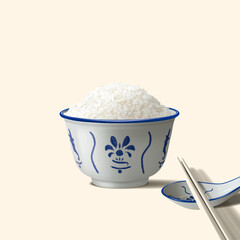 Chinese Flower Blue and White Porcelain Bowl Front View Realistic Illustration