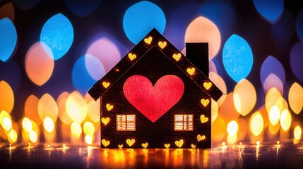 Obraz premium Warm Lit House Figurine with Red Heart Bokeh Background