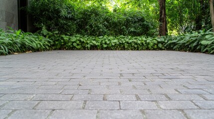 Urban walkway, lush green hedge,  calm, peaceful atmosphere,  suitable for peaceful relaxation, promotional materials