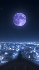 Night Cityscape Illustration: Person Silhouetted Against Purple Moon