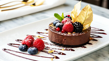 Gourmet Gold Leaf Chocolate Dessert Fresh Berries Luxury Fine Dining Art