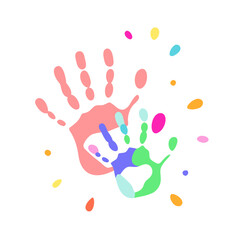 Multicolored handprints of kids in artistic style
