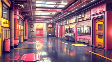 Futuristic corridor interior, vibrant shops, sleek design, city background, game concept art