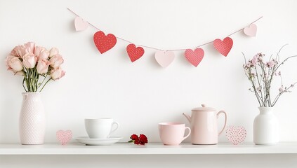 Decorate Shelf with Roses, Tea Set, and Heart Garland for Romantic Ambiance.