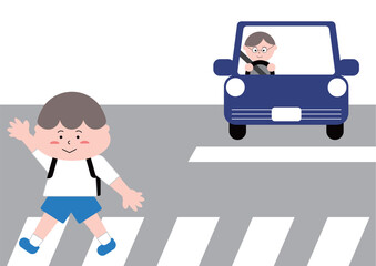 横断歩道を渡る男の子と一時停止する車