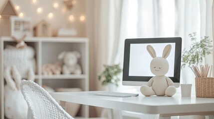 A clean desk set against a blurred background of a children's room creates an ideal space for product display or creative projects, with a calm and subtle ambiance.