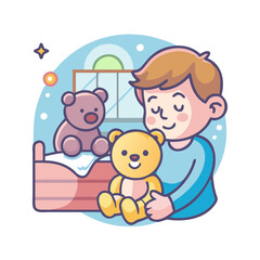 Boy hugging teddy bears before bedtime illustration