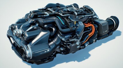 Futuristic engine design, studio shot, white background, innovation concept