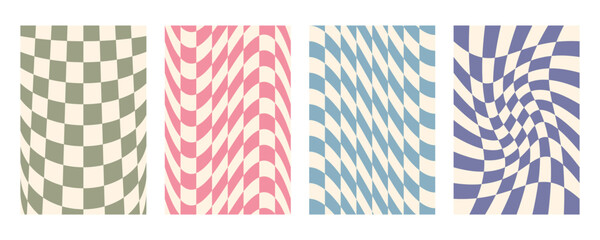 Obraz premium Groovy distorted checkered background set. Hand drawn groovy, hippie backgrounds. Distorted checker, warped streaks, fluid liquid wavy lines, doodle waves. Checkered rectangle templates collection.