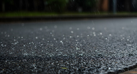 Rain Falling on Asphalt Road Creating Splashes and Reflections