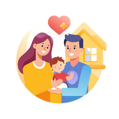 Happy family holding baby in front of house