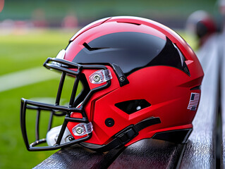 Fototapeta premium close up of red football helmet on sideline bench, showcasing its glossy finish