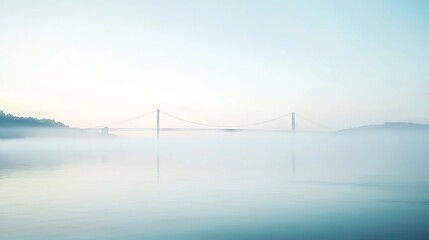 A hazy suspension bridge at dawn, partially obscured by a thick fog over the water