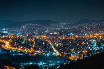 Naklejka premium City skyline illuminated at night showcasing vibrant buildings and forested foreground