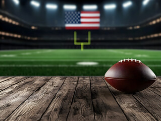football on wooden surface with stadium background and American flag