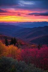 Vibrant autumn sunset over Blue Ridge Mountains with colorful fall foliage in foreground and dramatic layered mountain ridges in purple hues. Generative AI