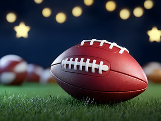 glowing football on grass with dark starry background and festive lights