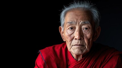 Obraz premium Portrait Of Elderly Buddhist Monk In Red Robe