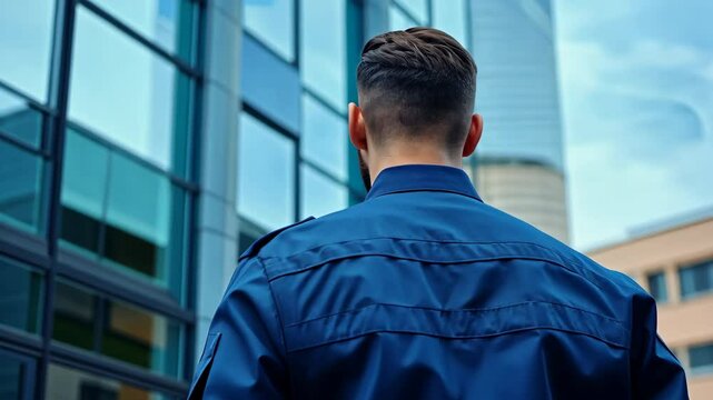 A handsome male security guard wearing a blue uniform stands in front of the modern building, facing away from the camera, in a close-up shot,