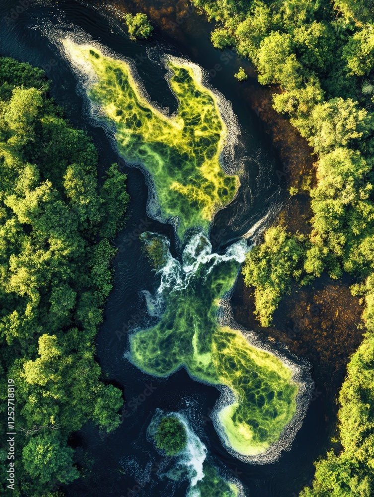 Poster a vibrant rainforest scene with a river winding through and a waterfall cascading into it, reflectin