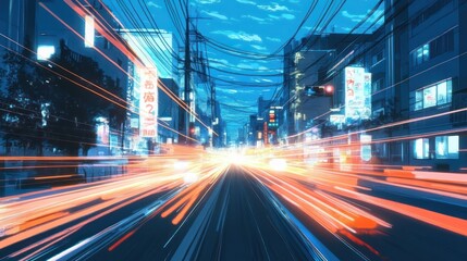 Fototapeta premium Night City Lights: A Vibrant Street Scene at Dusk