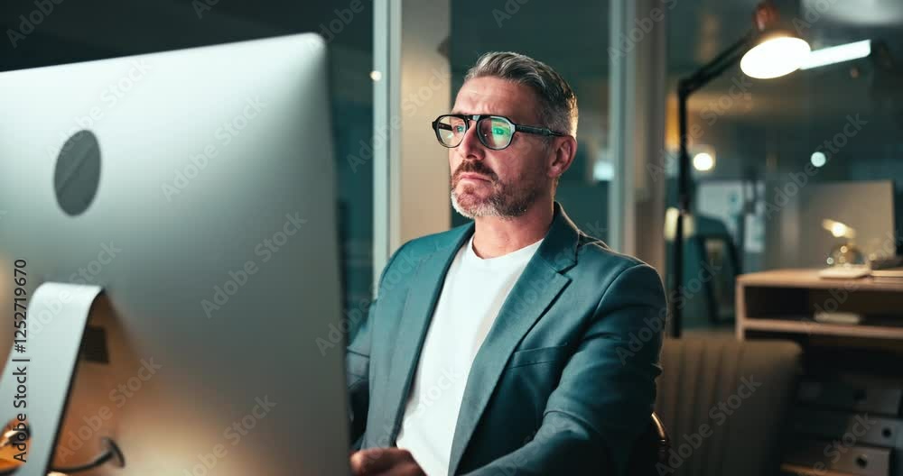Poster Night, businessman and glasses at computer for programming, wed development or project in office. Mature coder, reading and eyewear at tech for company cybersecurity, problem solving or deadline work