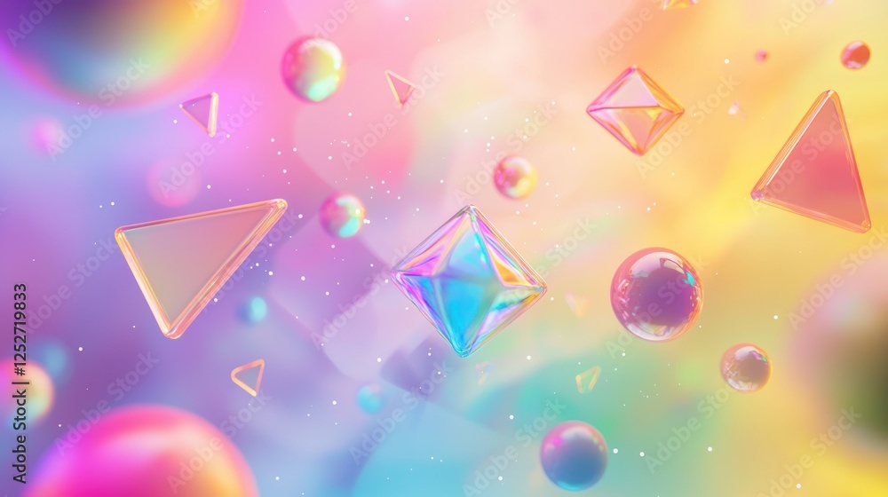Poster a surreal trippy background with floating geometric shapes and a holographic effect.
