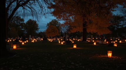 Twilight Cemetery: Candles Illuminate Graves