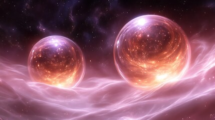 Fototapeta premium Two Luminous Celestial Bodies in a Pink Nebula