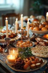 Obraz premium A beautifully set holiday dinner table with traditional winter fare, candles and pine cones for a warm and festive atmosphere.