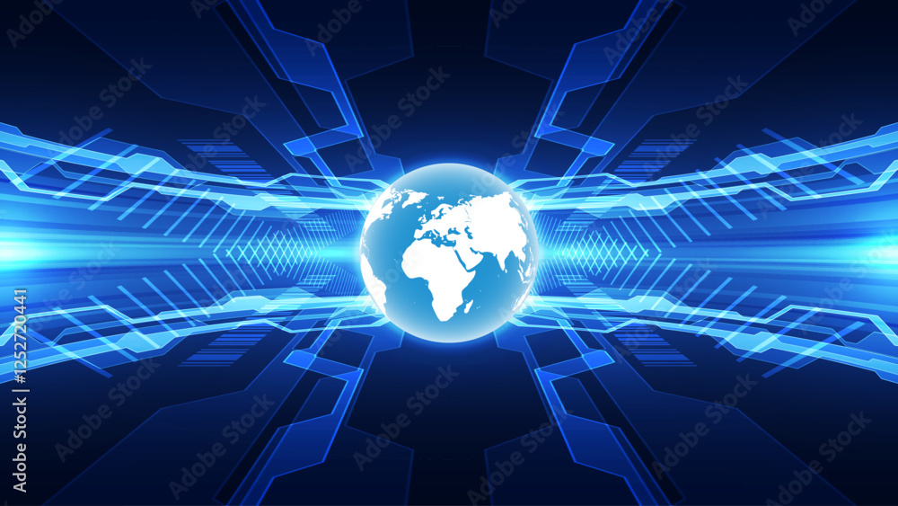 Poster abstract technology background with world map and blue light. vector illustration.