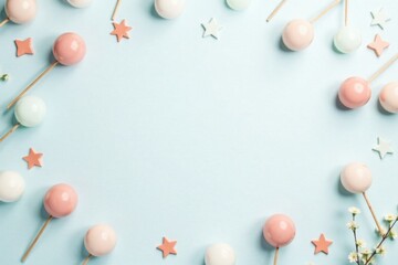 Pastel Cake Pops and Star Confetti Frame a Light Blue Background, Perfect for Announcements or Invitations