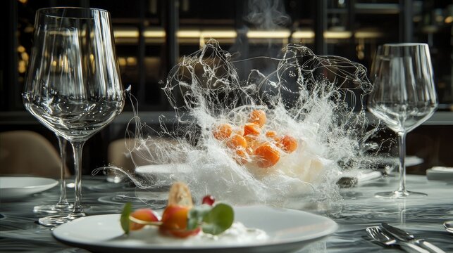 Unique culinary presentation featuring dry ice smoke at an upscale dining venue