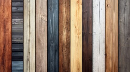 Various wood textures and colors displayed vertically on wall panels in a modern interior