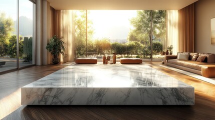 Fototapeta premium Sunlit Modern Living Room with Marble Centerpiece