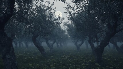 Mystical olive grove bathed in moonlight casting long shadows in the eerie fog