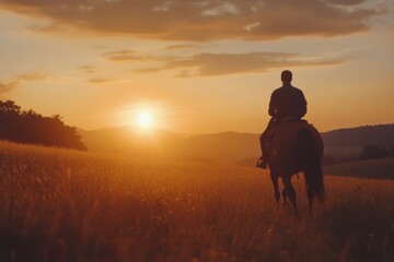 Rider on horseback enjoys sunset in wide open field during golden hour