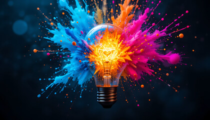  Glowing light bulb with vibrant color explosion in blue, pink, and orange on dark background representing creativity, innovation, and energy.