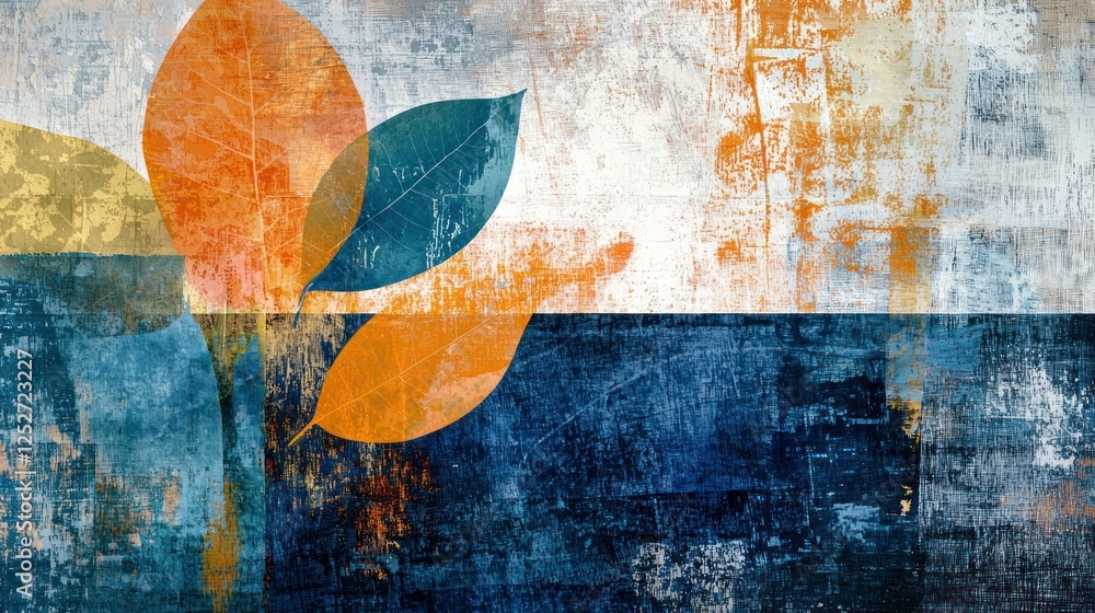 Aufkleber a modern abstract art piece with a citrus and indigo color palette, layered with leaf-inspired textu