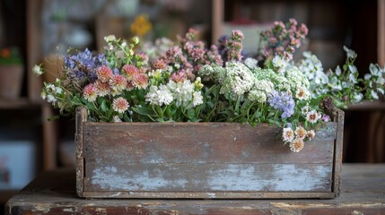 Fototapeta premium A rustic wooden crate used as a flower basket in a vintage farmhouse setting. --chaos 20 --ar 16:9 --quality 2 --v 6.1 Job ID: d67fb632-80d1-4601-8a92-ec5d70eb4eb3