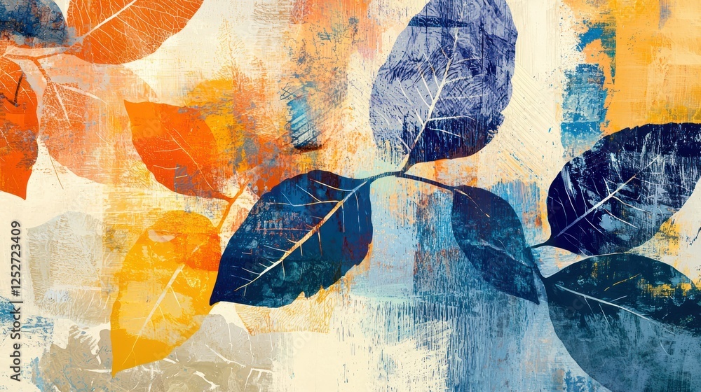 Aufkleber a modern abstract art piece with a citrus and indigo color palette, layered with leaf-inspired textu