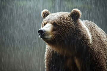 Obraz premium Grizzly bear standing in the rain with water droplets on its fur in a forest setting