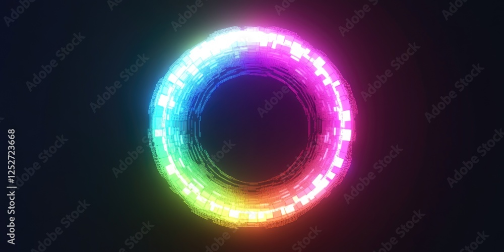 Poster glowing circular light with multiple colors on dark background.