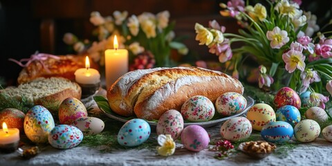Obraz premium This image captures the festive spirit of Easter with a table set with various pastries, colorful painted eggs, and candles. The scene is full of vibrant colors and holiday cheer.