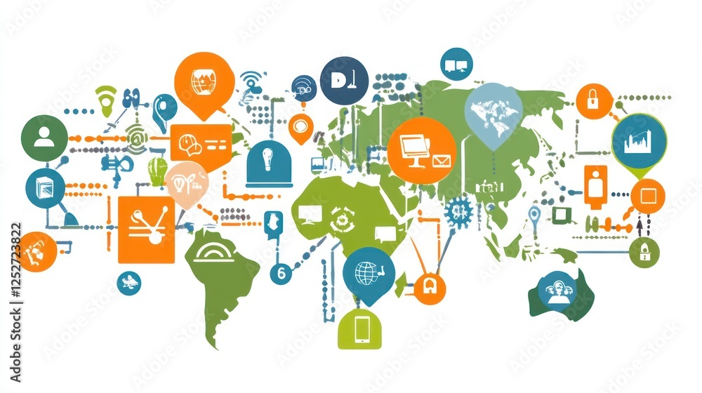 Poster global network connectivity data, communication, world map, technology, background